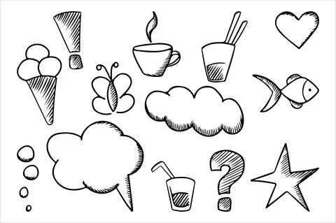 Hand drawn doodle set. Social symbols and icons. Stock Illustration
