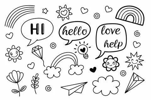 Hand drawn doodle set with speech bubbles, rainbows, hearts and cute elements. イラスト素材