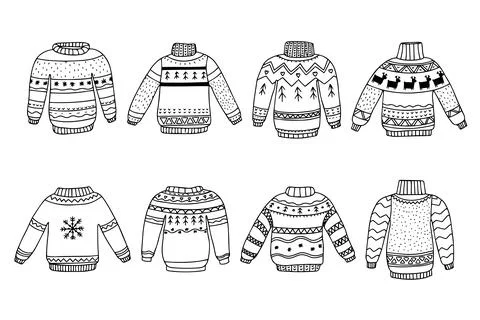 Hand drawn doodle set of ugly Christmas sweaters, pullovers, and jumpers in line Stock Illustration