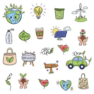 Hand-drawn doodle set various eco-friendly items Illustrazione stock