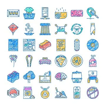 Hand drawn doodle set with various colorful icons Stock Illustration