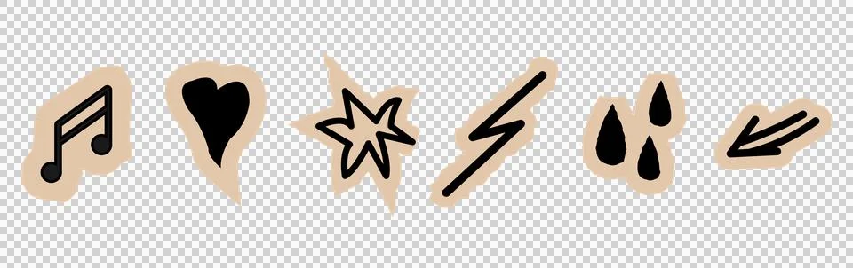 Hand drawn doodle shape set with music note heart star lightning bolt . Stock Illustration
