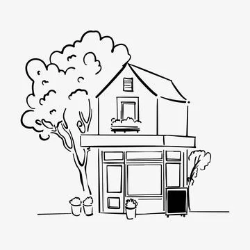 Hand-drawn doodle sketch of a cute little grocery store. Stock Illustration