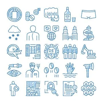 Hand drawn doodle sketch icons set for various concepts Ilustración de archivo