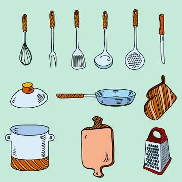 Hand drawn doodle sketch kitchen utensils for cooking Bon Appetit. Stock Illustration