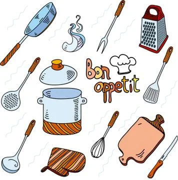 Hand drawn doodle sketch kitchen utensils for cooking Bon Appetit. Stock Illustration