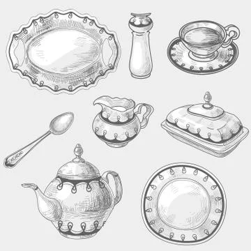 Hand drawn doodle sketch kitchen porcelain utensils, kitchenware kettler teapot Stock Illustration