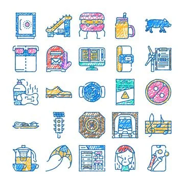 Hand drawn doodle sketch line art icon set Stock Illustration