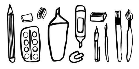 Hand-drawn doodle sketch set ofbrushes, paint palettes, markers, pencils, sharpe Stock Illustration