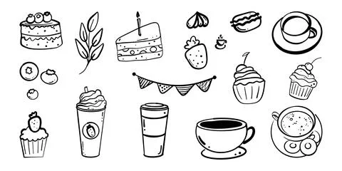Hand-drawn doodle sketch set of coffee cups with coffee Stock Illustration