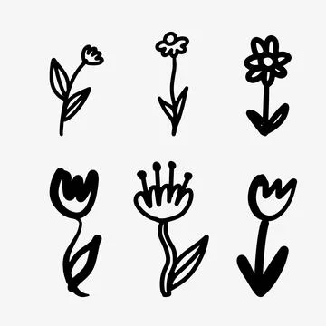 Hand-drawn doodle sketch set of six branches with flowers in black and white. Stock Illustration