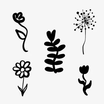 Hand-drawn doodle sketch set of five flowers in black and white. Stock Illustration