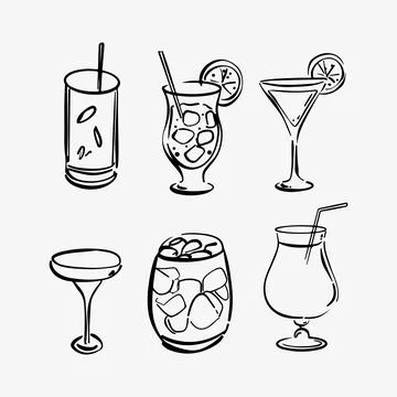 Hand-drawn doodle sketch set of six cocktail glasses Stock Illustration