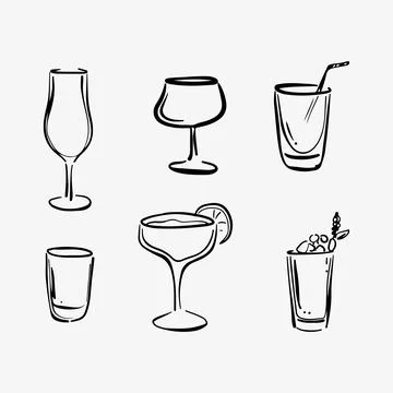 Hand-drawn doodle sketch set of six glasses for different cocktails Stock Illustration