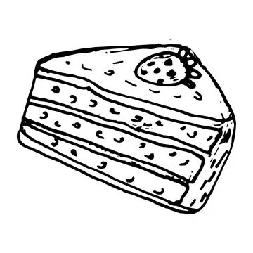 Hand drawn doodle slice of cake isolated on white background. Stock Illustration