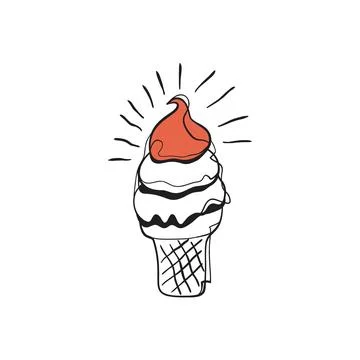 Hand Drawn Doodle Soft Serve Ice Cream Cone Red Accent Sunburst Outline Ske.. Stock Illustration