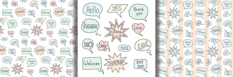 Hand drawn doodle speech bubble set and seamless patterns Stock Illustration