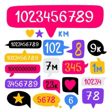 Hand drawn doodle speech bubbles set and social counter with numbers. Vector  스톡 일러스트