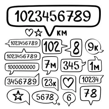 Hand drawn doodle speech bubbles set and social counter with numbers. Vector  Stock Illustration