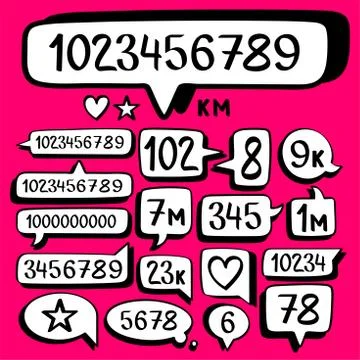 Hand drawn doodle speech bubbles set and social counter with numbers. Vector  스톡 일러스트
