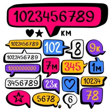 Hand drawn doodle speech bubbles set and social counter with numbers. Vector  Stock Illustration