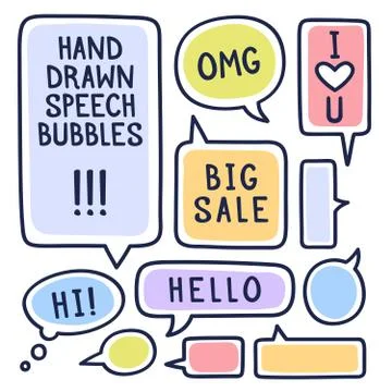 Hand drawn doodle speech bubbles set with accentuation, filled with paint str Stock Illustration