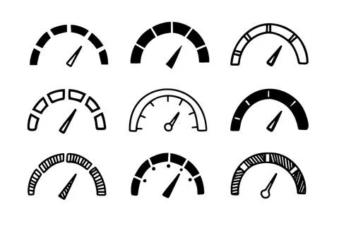 Hand drawn doodle Speedometer, tachometer icon collection. Speed indicator sign Stock Illustration