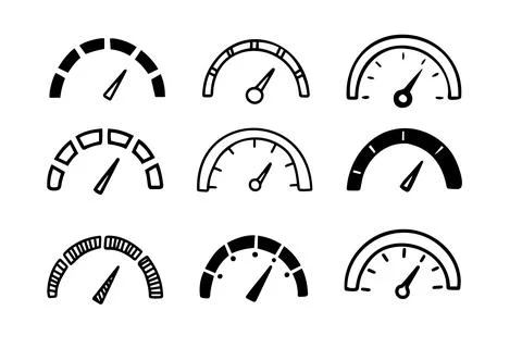 Hand drawn doodle Speedometer, tachometer icon collection. Speed indicator sign Stock Illustration