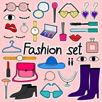 Hand Drawn Doodle Sticker Vector Fashion Set. Stock Illustration