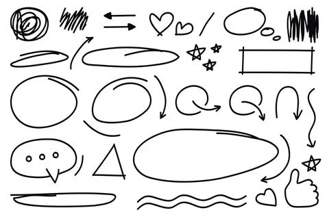 Hand drawn doodle style collection of arrows,star,chat bubble, circles,hear.. Stock Illustration