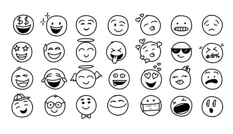 Hand drawn doodle style. comic line. doodle emoji face icon set. emoji with Illustrazione stock