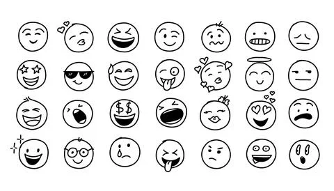 Hand drawn doodle style. comic line. doodle emoji face icon set. emoji with Stock Illustration