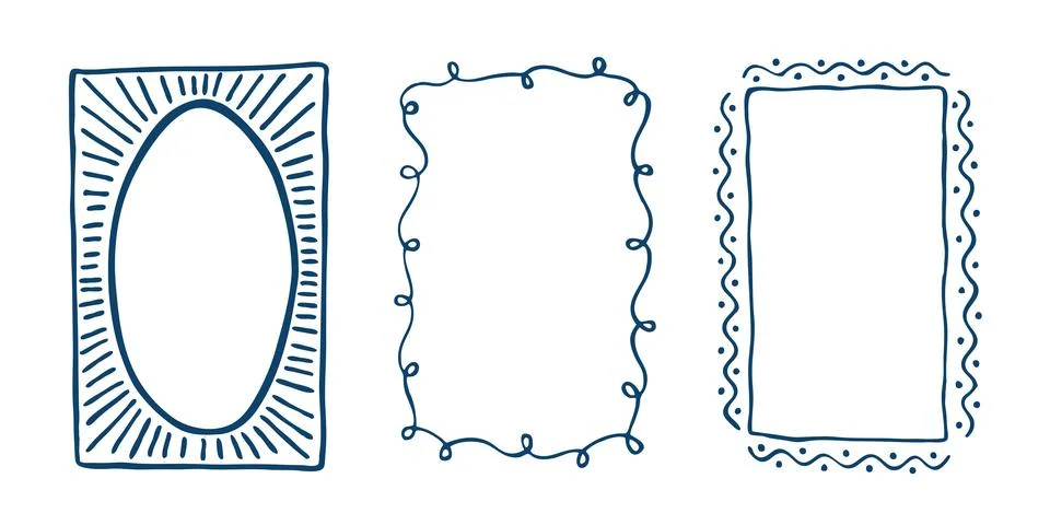 Hand drawn doodle style rectangular and oval border frames with various patterns 스톡 일러스트