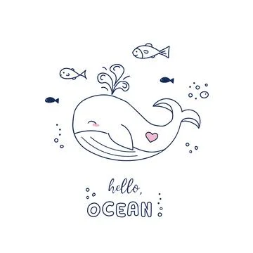 Hand-drawn doodle style of a small whale, fish and bubbles. Vector line art.. Stock Illustration