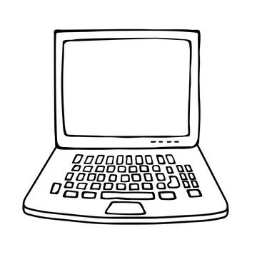 Hand drawn doodle style vector illustration of laptop computer. Front view. Stock Illustration