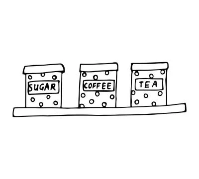 Hand Drawn Doodle Sugar Coffee and Tea Storage Canisters on Shelf Outline I.. Stock Illustration