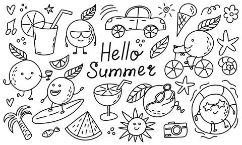 Hand drawn doodle summer set with oranges character. Hello summer Stock Illustration