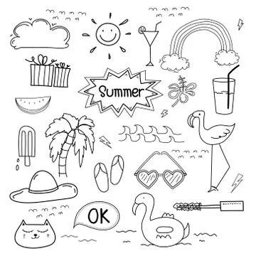 Hand Drawn Doodle Summer Vector Set. Doodle Funny Set. Handmade Vector Stock Illustration