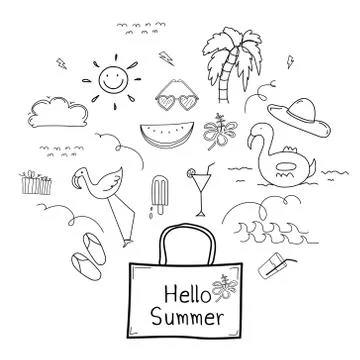 Hand Drawn Doodle Summer Vector Set. Doodle Funny Set. Handmade Vector Stock Illustration