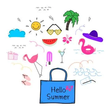 Hand Drawn Doodle Summer Vector Set. Doodle Funny Set. Handmade Vector Stock Illustration