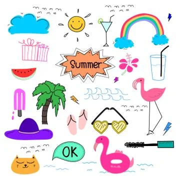 Hand Drawn Doodle Summer Vector Set. Doodle Funny Set. Handmade Vector Stock Illustration