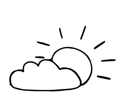 Hand Drawn Doodle Sun with Cloud and Rays Outline Illustration, Partly Clou.. Stock Illustration