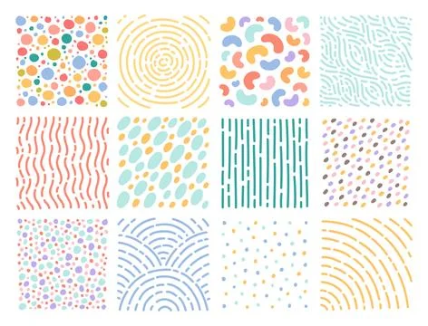 Hand drawn doodle textures. Cute spots and dashes, circular, linear patterns 스톡 일러스트