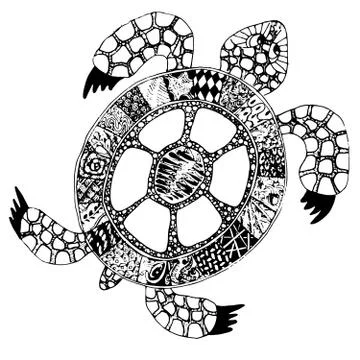 Hand drawn doodle turtle. Vector tortoise with different handrawn patterns on 스톡 일러스트