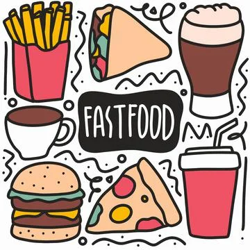 Hand drawn doodle various fast food Stock Illustration