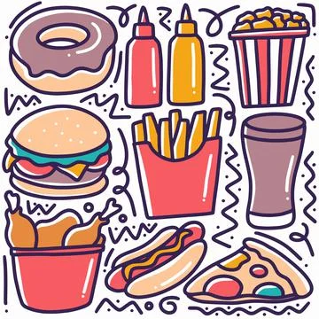 Hand drawn doodle various fast food Stock Illustration