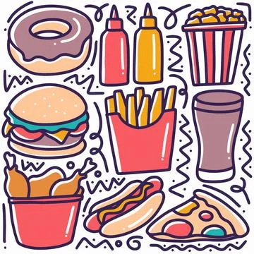 Hand drawn doodle various fast food Illustrazione stock