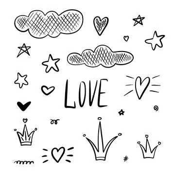 Hand drawn doodle vector collection with hearts, crowns and stars. Stock-Illustration