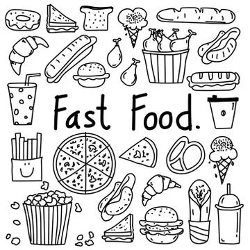 Hand Drawn Doodle Vector Fast Food Set. Stock Illustration
