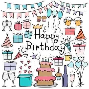 Hand Drawn Doodle Vector Happy Birthday Set. Stock Illustration
